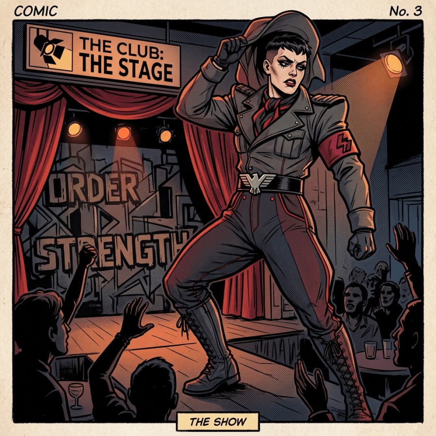 Performer in military-inspired outfit on stage with audience